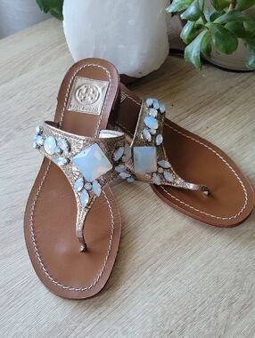 Tory Burch Metallic Gold Jeweled Toe-Post Sandals with Opalescent Stones